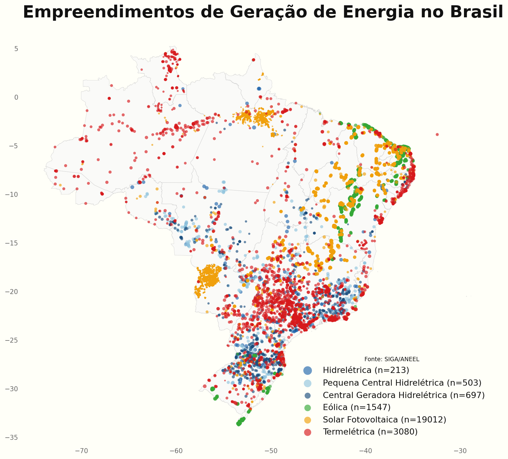 Mapa do Brasil com pontos de empreendimentos de geração de energia por tipo de fonte.